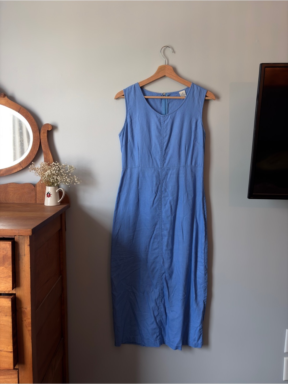 100% Linen Blue Sleeveless Midi Dress | Minimalist Summer Dress